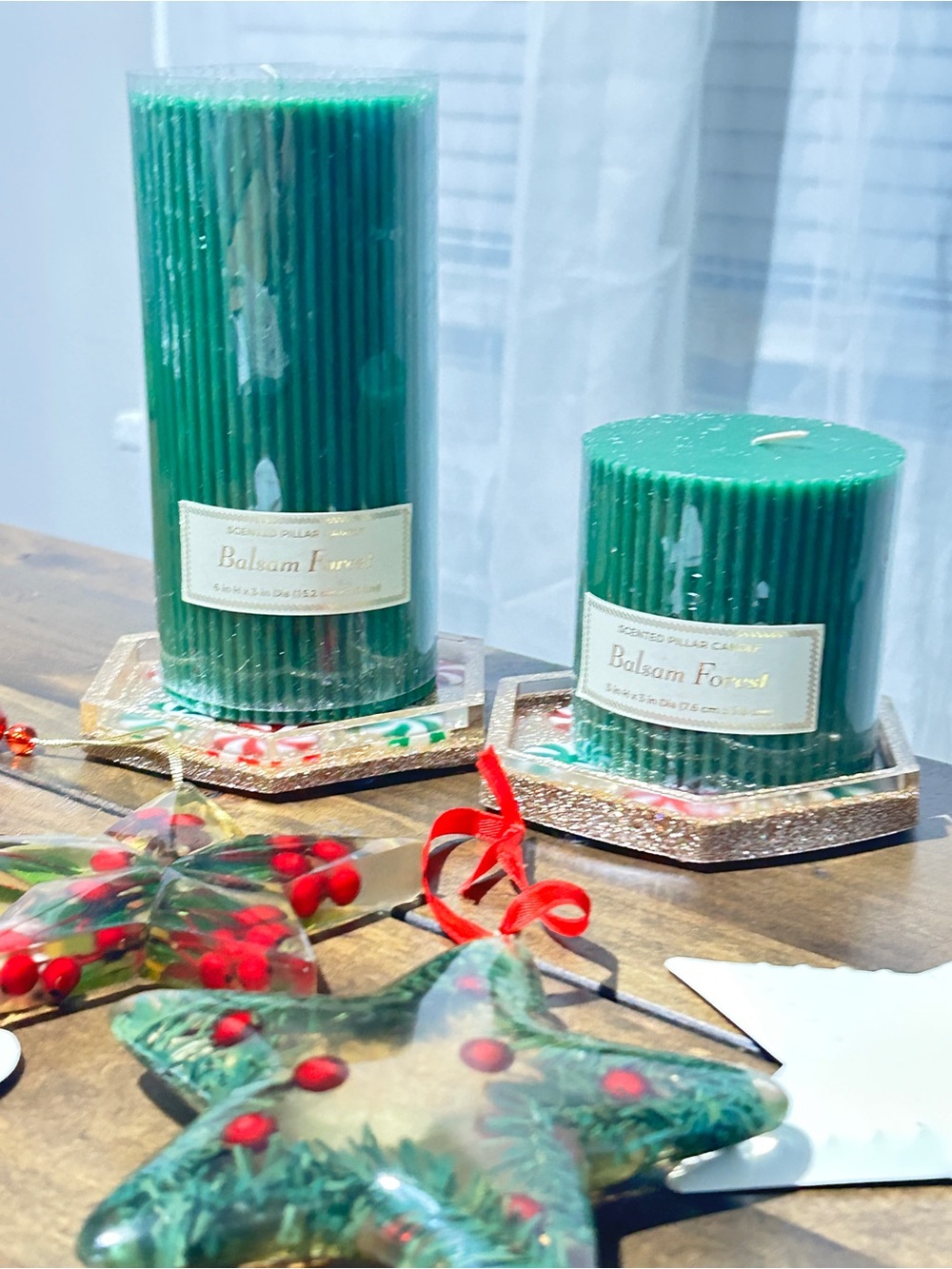 Vintage Christmas Ornaments Decor Green Pillar Candles Balsam Home Holiday